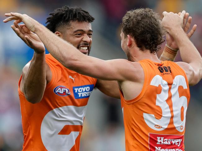 While the Giants weren’t able to match an offer for Perryman (R) from the Pies, they got in early to secure Idun’s services. Picture: Russell Freeman/AFL Photos via Getty Images