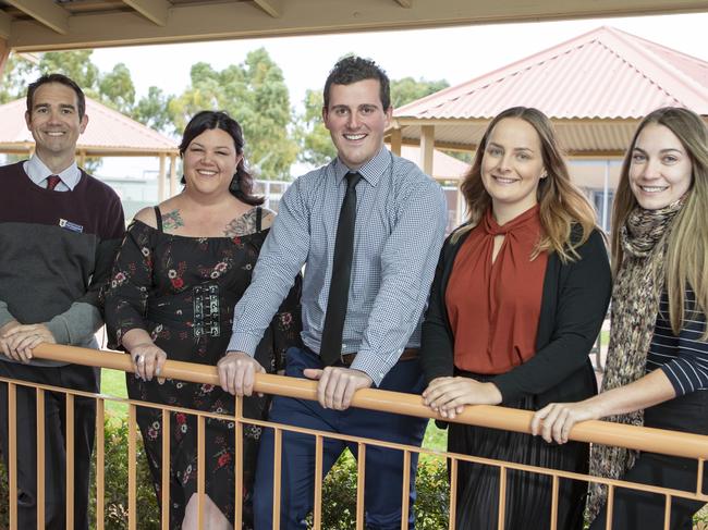 05-06-18 - Kalgoorlie-Boulder - Teach For AustraliaTeachers from John Paul College (JPC) and Eastern Goldfields College (EGC) in Kalgoorlie-Boulder as part of the Teach For Australia program.(L-R)  JPC Acting Principal Troy Francesoni, Vanessa Macri, Cameron Halvorson, Bridget Staude and Phoebe Berndt.Photo: Travis Anderson