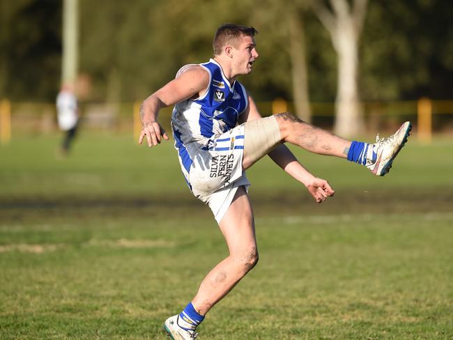 Peninsula Football league Bonbeach v Langwarrin. Langwarrin #31 Gerard Brown slots a goal. Picture: Chris Eastman