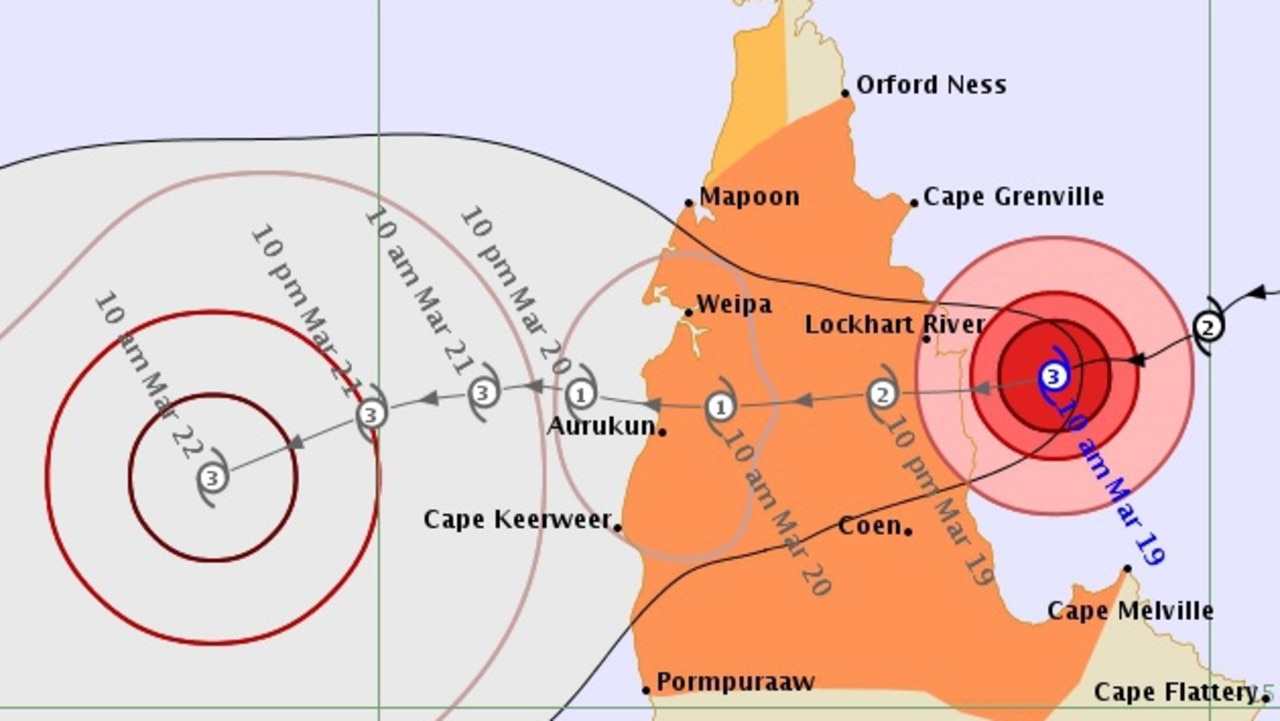 Forecast track map for Cyclone Trevor, issued by the Bureau of Meteorology at 11.08am on March 19.