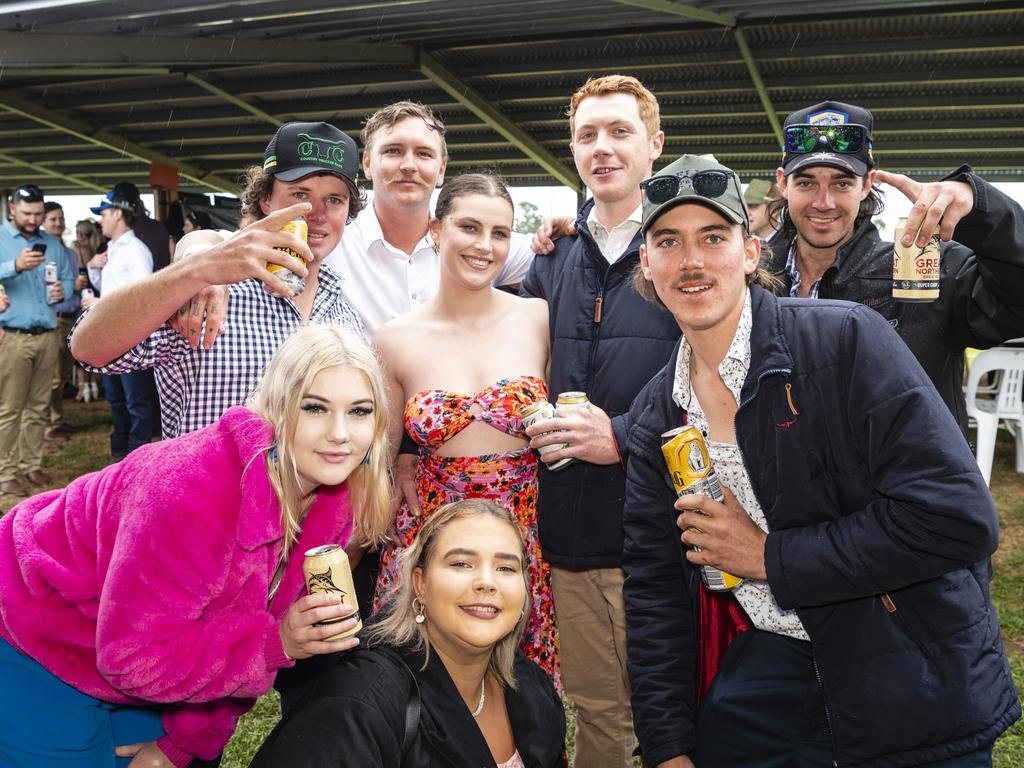 At the Clifton Jockey Club Clifton Cup races are (from left) Lacey Macguire, Oscar Rutherford, Hayden Cutter, Kendell Wilkins, Millie Zeller, Jack Antonio, Mitchell Toy and Timmy Nash, Saturday, October 22, 2022. Picture: Kevin Farmer