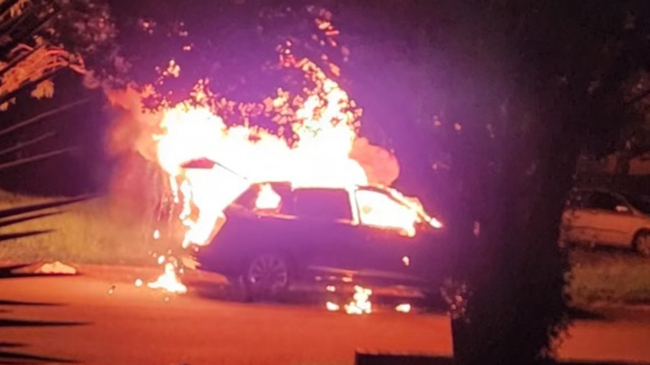 A burnt-out Audi in Greenacre believed to be linked to the shooting. Picture: Supplied