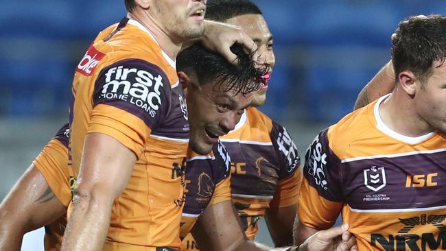 GOLD COAST, AUSTRALIA - MARCH 02: Alex Glenn of the Broncos celebrates a try with team mates during the NRL Trial match between the Brisbane Broncos and the Gold Coast Titans at Cbus Super Stadium on March 02, 2019 in Gold Coast, Australia. (Photo by Chris Hyde/Getty Images)