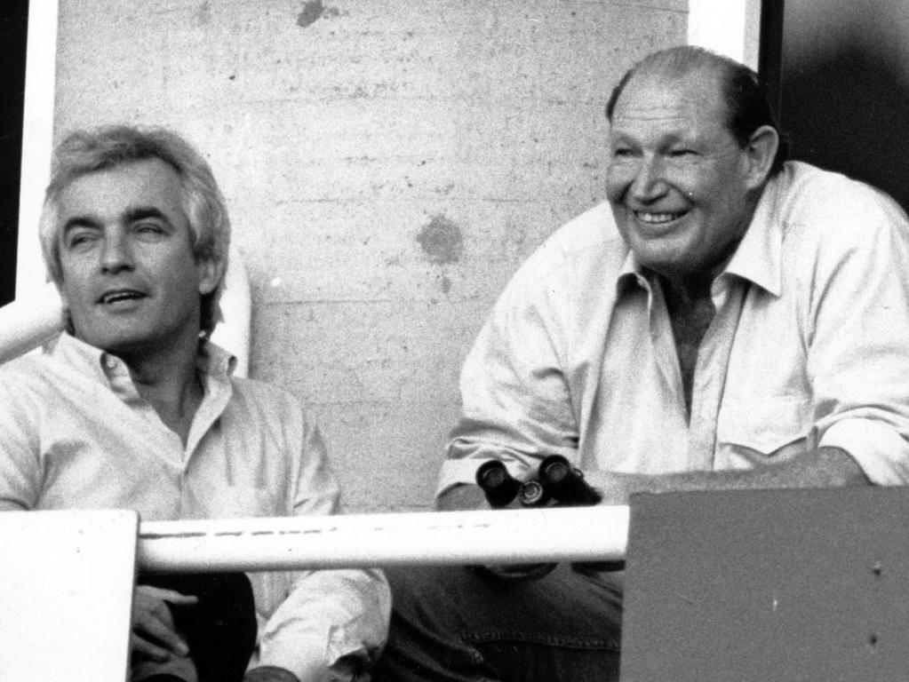 Lawyer Christopher Murphy with the late Kerry Packer watching the Norths v Penrith rugby league game at the Sydney Football Stadium in 1991.