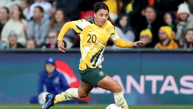 Sam Kerr of the Matildas in action during the International friendly match between Australia and Chile at Coopers Stadium in Adelaide, Tuesday, November 12, 2019. (AAP Image/James Elsby) NO ARCHIVING, EDITORIAL USE ONLY