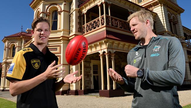 New Crow Mitch Hinge with his brother, ex-Adelaide player John Hinge, ahead of the 2016 draft. Picture: Keryn Stevens