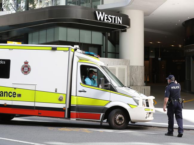 Guests in quarantine at Hotel Grand Chancellor getting transported in ambulances to The Westin in Brisbane City. Picture: Tara Croser