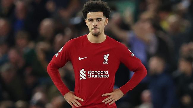 Curtis Jones of Liverpool looks dejected. Photo by Nathan Stirk/Getty Images.