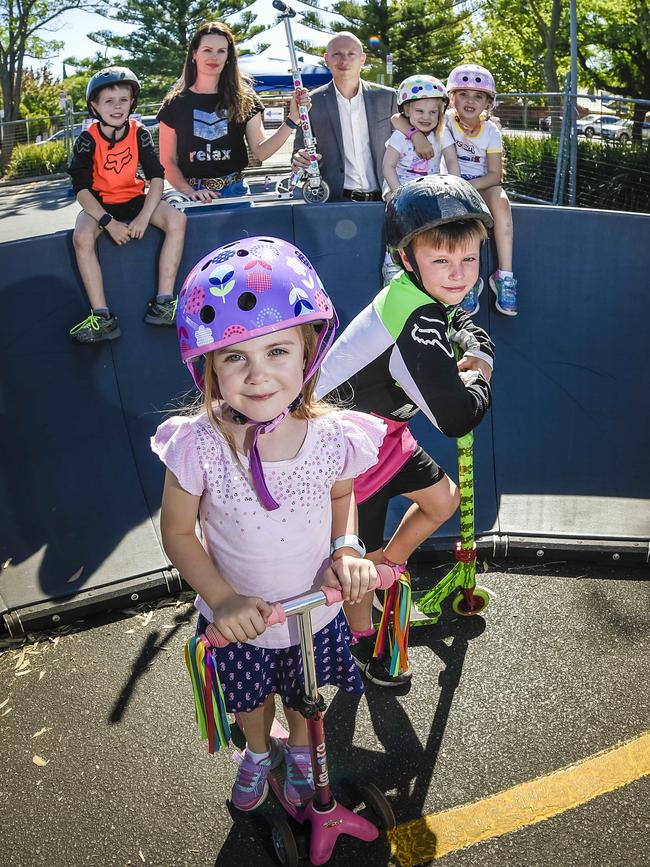 Mia and Beau at Burnside’s portable pump track in February. Picture: AAP/Roy VanDerVegt