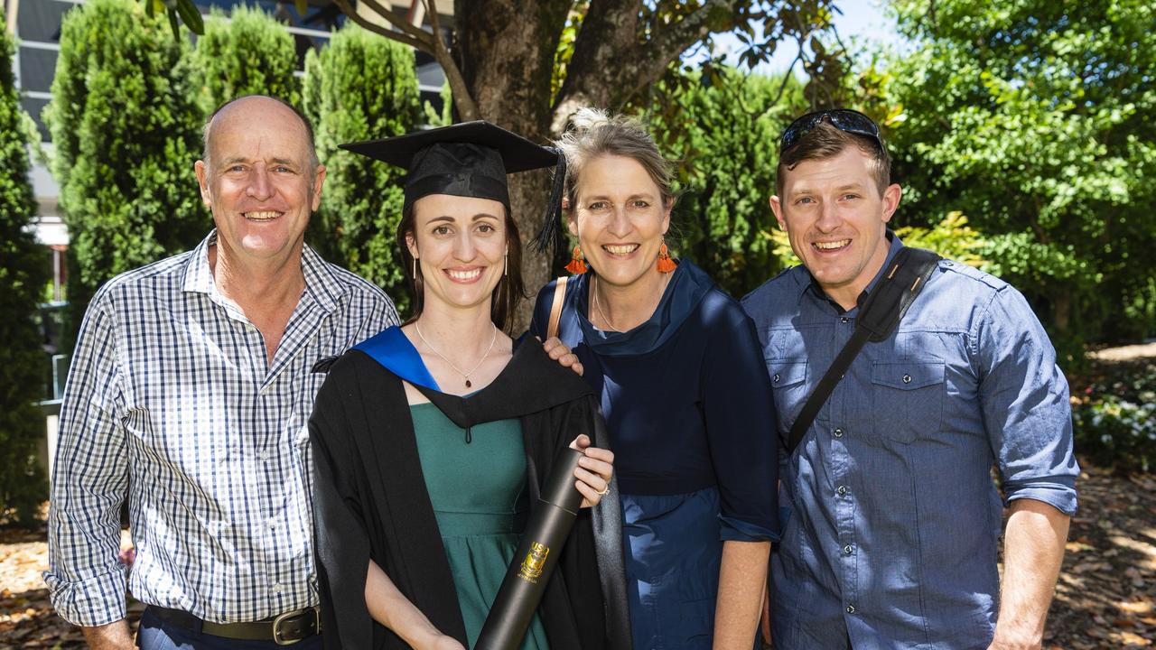 Bachelor of Human Services graduate Anita Coleman with family (from left) Phil McLay, Di McLay and Ty Coleman at the UniSQ graduation ceremony at Empire Theatres, Wednesday, December 14, 2022.