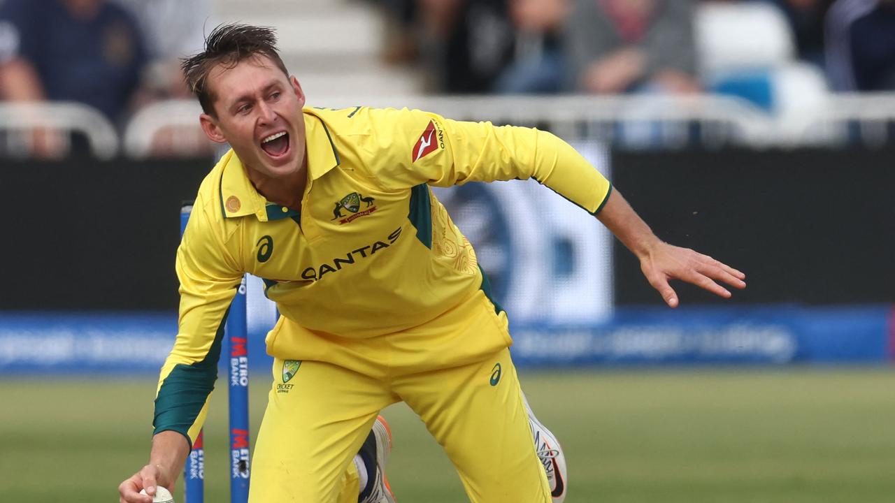 Australia's Marnus Labuschagne celebrates after taking a catch to dismiss England's Harry Brook off his own bowling during the 1st One Day International cricket match between England and Australia at Trent Bridge in Nottingham, central England on September 19, 2024. (Photo by Darren Staples / AFP) / RESTRICTED TO EDITORIAL USE. NO ASSOCIATION WITH DIRECT COMPETITOR OF SPONSOR, PARTNER, OR SUPPLIER OF THE ECB