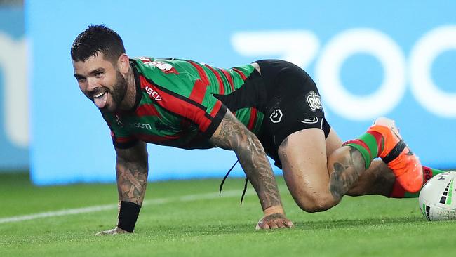 Rabbitoh's Adam Reynolds does the goanna try celebration after scoring during NRL match South Sydney Rabbitohs v Brisbane Broncos at ANZ Stadium. Picture. Phil Hillyard