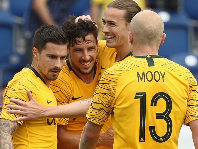 SANKT POLTEN, AUSTRIA - JUNE 01:  Mathew Leckie of Australia celebrates after scoring his second goal during the International Friendly match between the Czech Republic and Australia Socceroos at NV Arena on June 1, 2018 in Sankt Polten, Austria.  (Photo by Robert Cianflone/Getty Images)