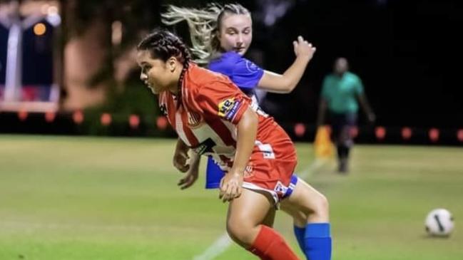 Grace Amidy of Darwin Olympic in action against Darwin Hellenic. Picture: Mitch Amidy