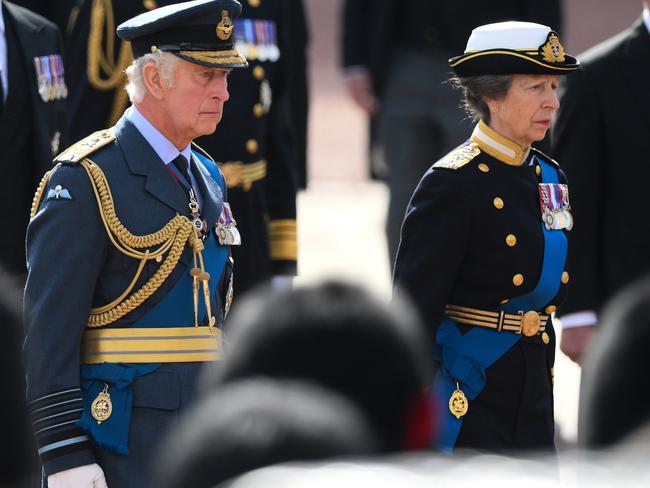 King Charles III and Princess Anne, Princess Royal walk behind the coffin of Queen Elizabeth II during the Procession to Westminster Hall on September 14. Picture: Daniel Leal – WPA Pool/Getty Images