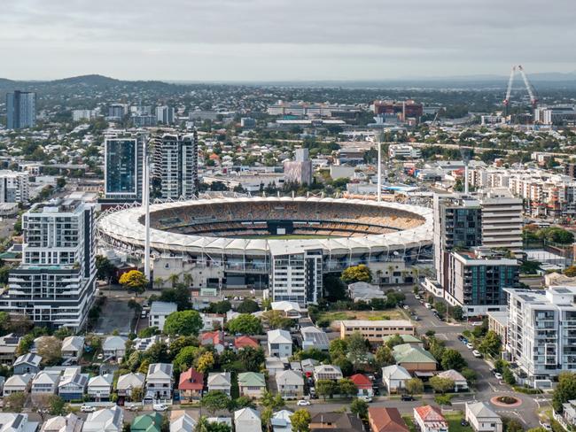 Developing Queensland - Brisbane Queensland Australia - January 10 2023 : Woolloongabba (Gabba) stadium is seen on a summer morning. This stadium is set to welcome Brisbane Olympics summer games in 2032.