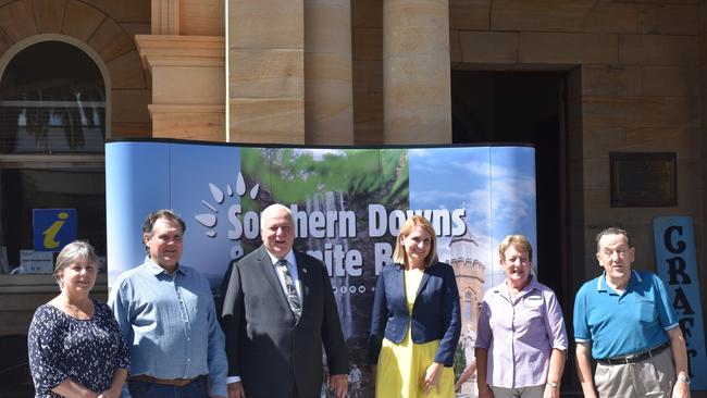 Adjinbilly Rainforest Retreat owners Sue and Tony Hoopman, Southern Downs Mayor Vic Pennisi, journalist Sally Eeles, Visitor Information Centre volunteer Fran Hockings, and Southern Downs Steam Railway committee member Lindsay Mill at the launch of the council’s podcast.