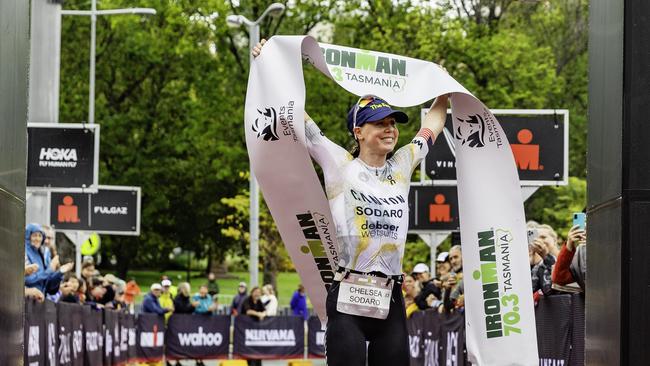 American triathlete Chelsea Sodoro wins the female Ironman 70.3 Tasmania in Hobart on Sunday 4th February 2024. Picture: Linda Higginson