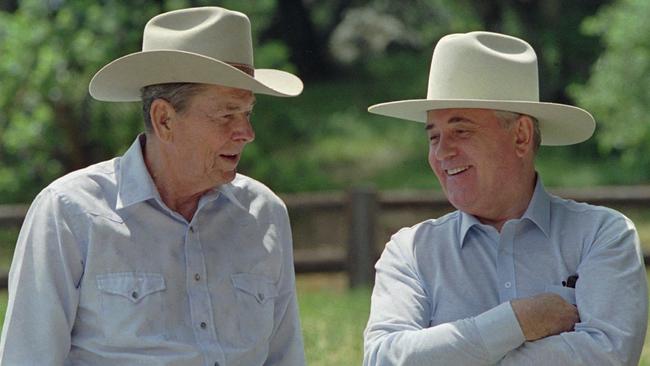 Ronald Reagan and Mikhail Gorbachev at Reagan’s ranch in California in 1992.