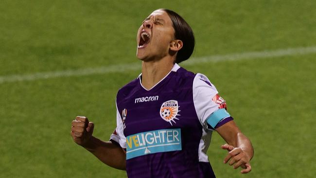 Sam Kerr of the Glory celebrates after scoring.