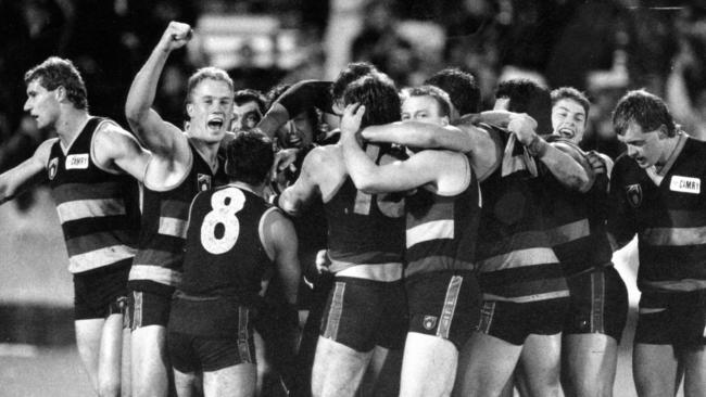 AFL football – Adelaide Crows vs Fitzroy match at Football Park. Adelaide players embrace Rod Jameson after he kicked the winning goal 09 Jun. 1991. (Pic by staff photographer Chris Mangan) Picture: Advertiser Library