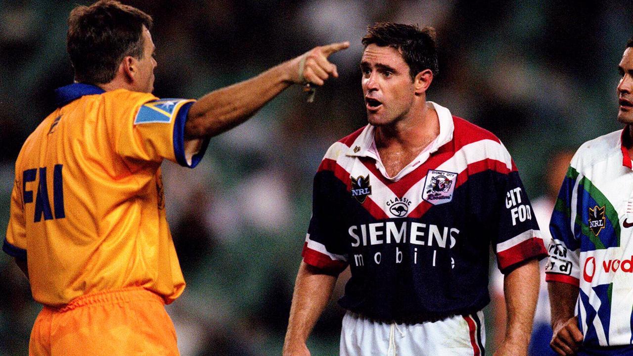 Referee Matt Hewitt sends off Roosters captain Brad Fittler back in his playing days.
