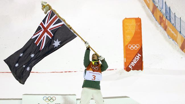 Australia’s Matt Graham celebrates his silver medal win following the moguls finals at PyeongChang