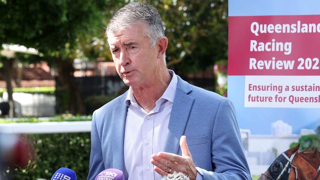 Racing Minister Tim Mander at Eagle Farm racecourse where he announced an independent review into the Queensland racing industry. Picture: Liam Kidston