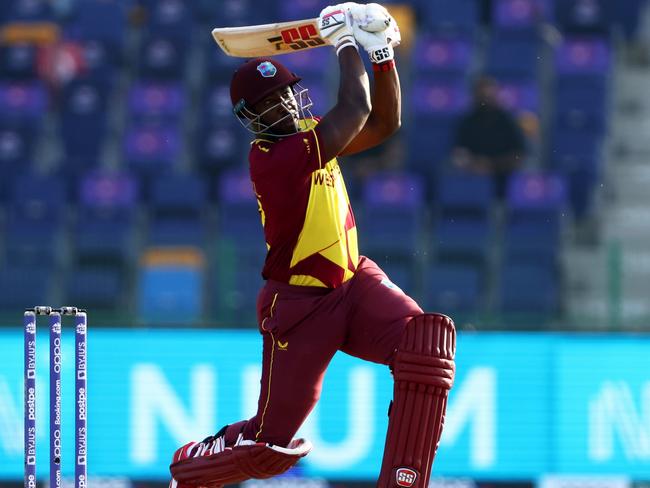 ABU DHABI, UNITED ARAB EMIRATES - NOVEMBER 06: Andre Russell of West Indies plays a shot during the ICC Men's T20 World Cup match between Australia and Windies at Sheikh Zayed stadium on November 06, 2021 in Abu Dhabi, United Arab Emirates. (Photo by Francois Nel/Getty Images)