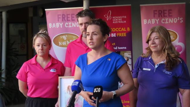 Country Liberal Party leader Lia Finocchiaro with Ash and Sally Lawrence, and Meningitis Centre Australia chief executive Karen Quick. Picture: Harry Brill.