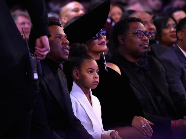 Jay Z, daughter Blue Ivy Carter and Beyonce attend the 60th Annual GRAMMY Awards at Madison Square Garden on January 28, 2018 in New York City. Picture: Getty