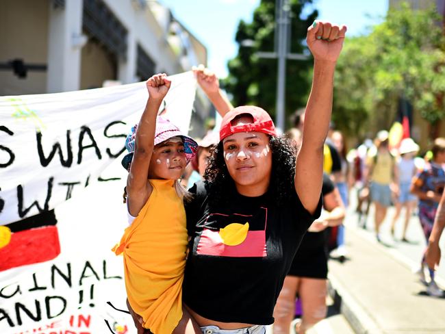 BRISBANE, AUSTRALIA - NewsWire Photos - JANUARY 26, 2021.Protesters take part in an Invasion Day march through central Brisbane. As the nation marks this day as Australia Day, indigenous groups and their supporters refer to it as Invasion Day or Survival Day.Picture: NCA NewsWire / Dan Peled