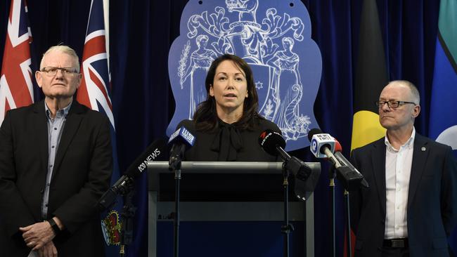 Victorian Emergency Services Minister Jaclyn Symes, Stephen Leane, CEO of ESTA, and Inspector General Tony Pearce speak to the media about the release of the report into Victoria's emergency ambulance call answer performance during the COVID pandemic. Picture: NCA NewsWire / Andrew Henshaw