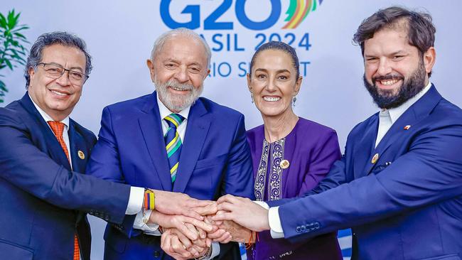 (L to R) Colombia's President Gustavo Petro, Brazil's President Luiz Inacio Lula da Silva, Mexico's President Claudia Scheinbaum, and Chile's President Gabriel Boric at the G20.