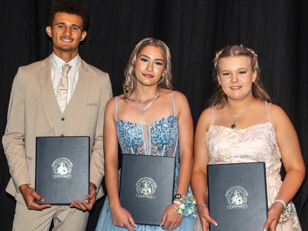 Uzziah Gilbank, Jade Cameron and Tailah Davies at Mackay Christian College Formal Thursday 14 November 2024 Picture: Michaela Harlow