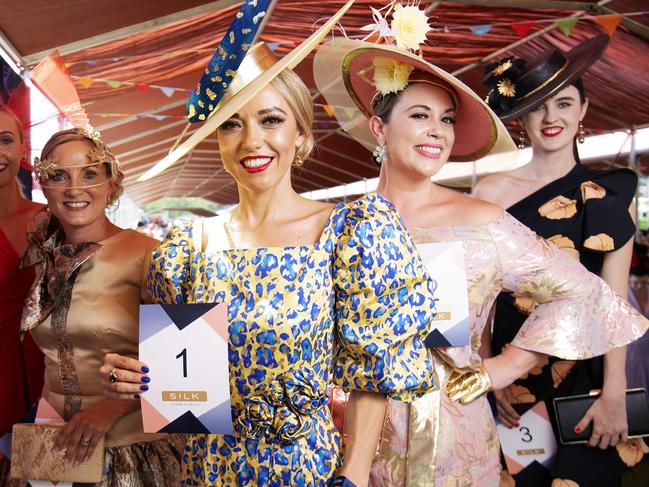 Contestants Madeleine Cvirn, Vicki Bridge, Tatiana Hoffmann, Gina Cassimatis and Rebecca Keelay in the Darwin Cup Fashions on the Field competition. Picture: KERI MEGELUS