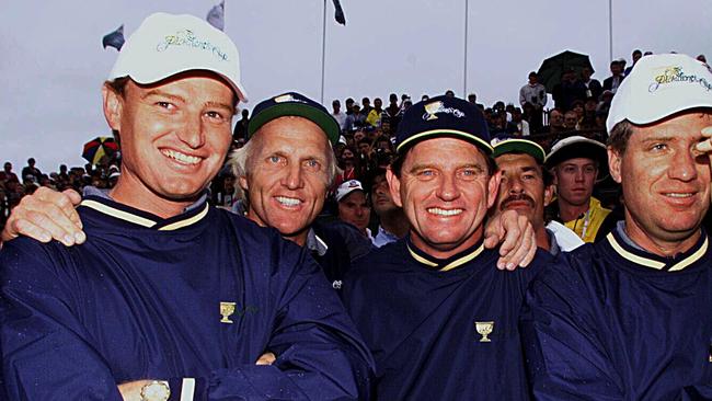 Ernie Els with Greg Norman, Nick Price and Steve Elkington celebrate after defeating the USA team in the 1998 Presidents Cup at Royal Melbourne.