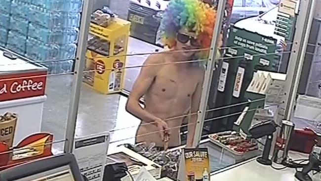 Zye Allen, 18, brandished a knife and asked for cigarettes wearing only a clown wig, red underpants and sunglasses. Picture: Supplied