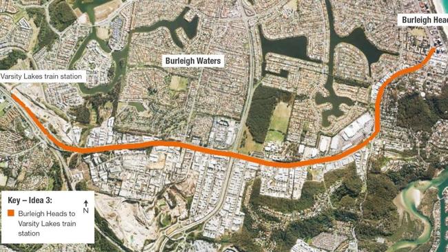 The proposed western Gold Coast light rail spur line from Burleigh Heads to Varsity Lakes. Picture supplied by Gold Coast City Council.