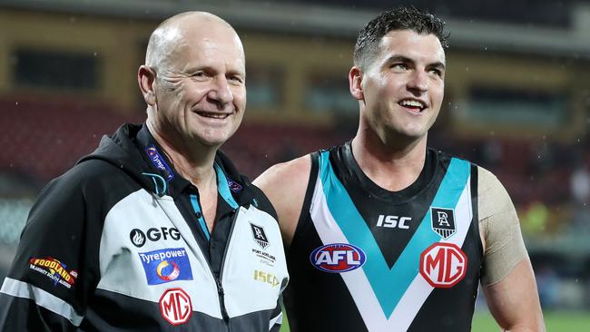 Tom Rockliff with coach Ken Hinkley at Adelaide Oval. Picture: Sarah Reed