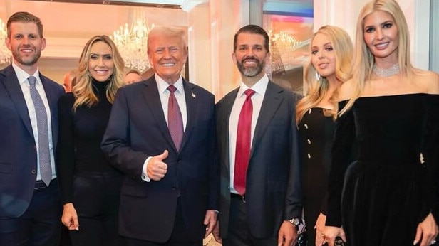 Donald Trump with sons Donald Jr and Eric, their wives and his daughter Ivanka Trump. Picture: Truth Social.