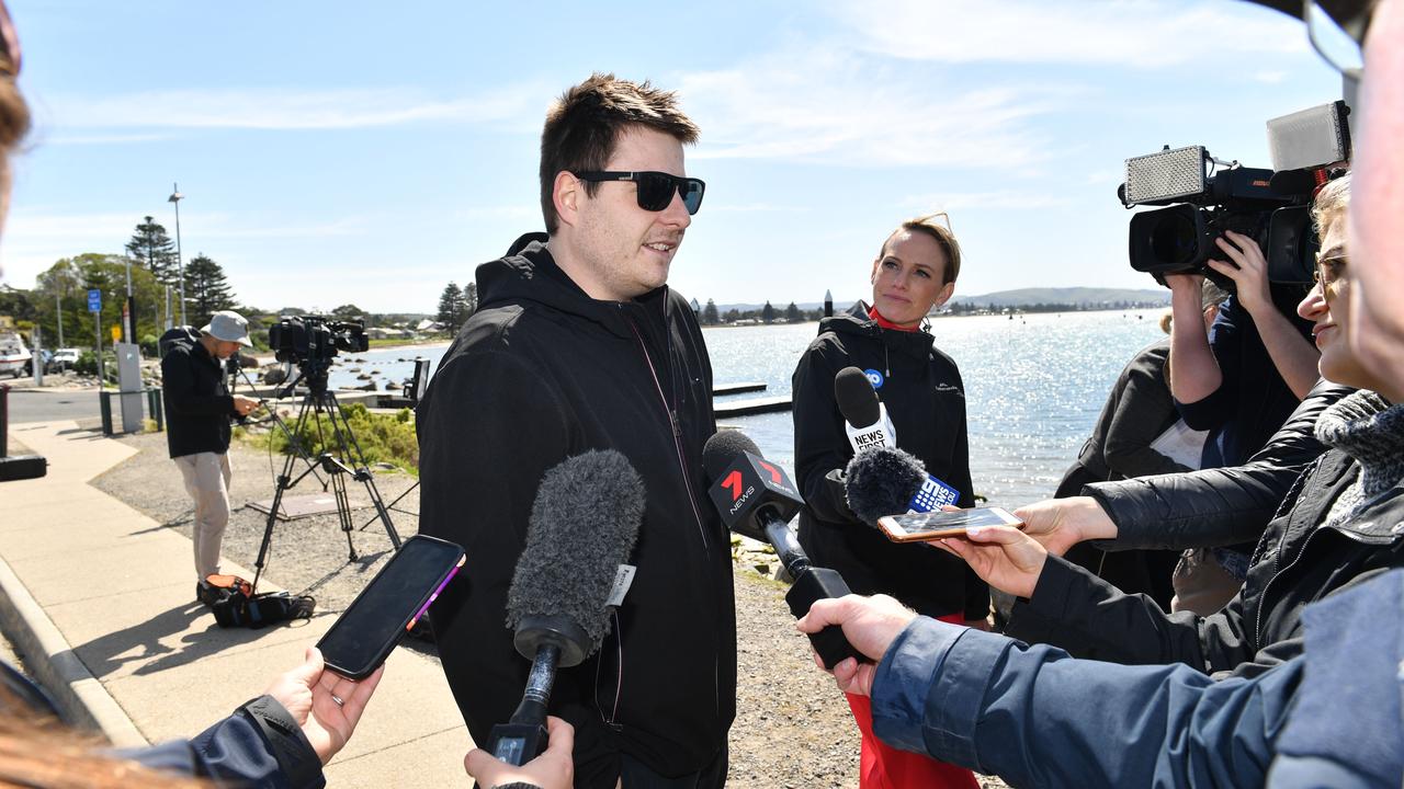 Derek’s son, Ashley Robertson speaks to media about his father’s rescue. Picture: Keryn Stevens