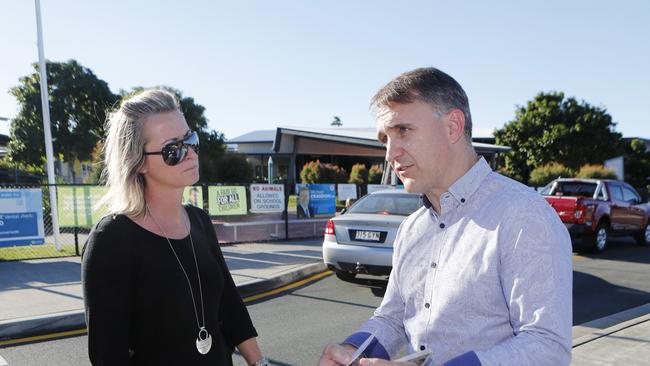 Labor candidate Des Hardman on the campaign trail at Norfolk Village State School talking with teacher Breanna Grimshaw from Shailor Park. Pic Tim Marsden