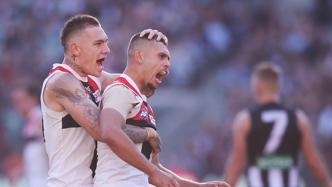 Robbie Young (right) celebrates a goal for St Kilda in 2019. Picture: Michael Dodge/Getty Images