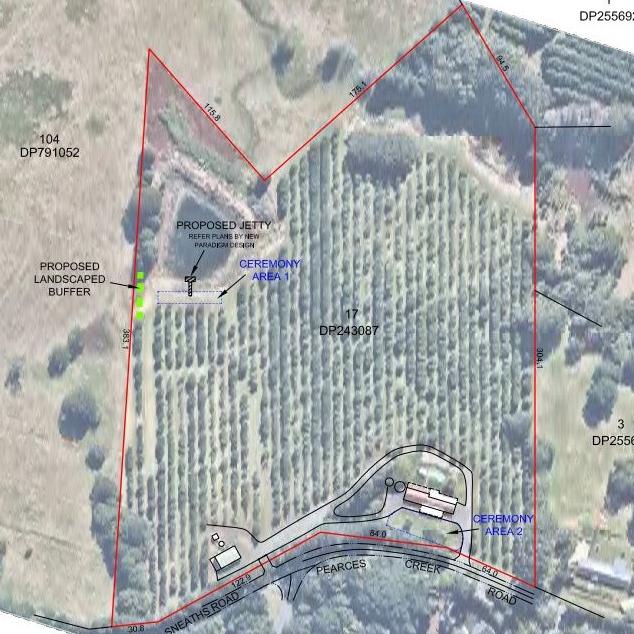 The site plan for a development application for a temporary wedding venue and function centre at 475 Pearces Creek Rd, Alstonvale.