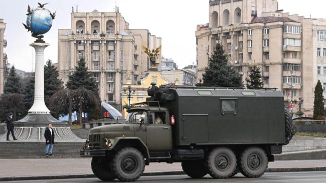 A military cargo truck in central Kyiv on Thursday. Picture: AFP