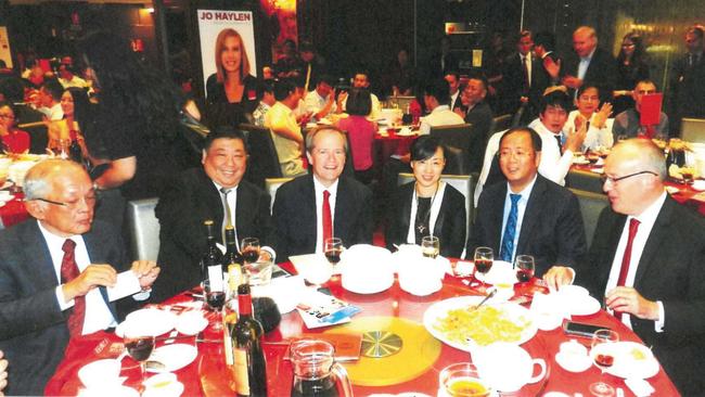 The dinner at the centre of the inquiry. Ernest Wong is seated tio the left of Bill Shorten while controversial Chinese property developer billionaire Huang Xiangmo is to the left of Luke Foley.