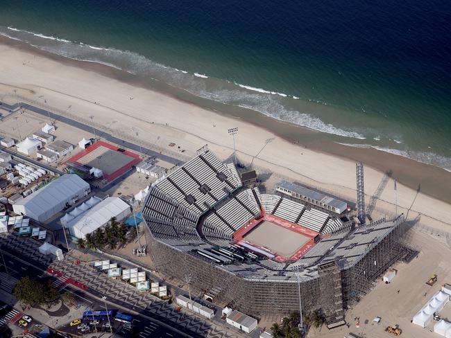 Work continues on the Olympic Beach Volleyball Arena in preparation for the 2016 Summer Olympic Games