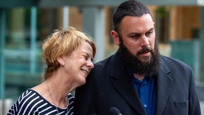 Barbara Spriggs breaks down as she and her son Clive speak to the media. Picture: AAP / James Elsby