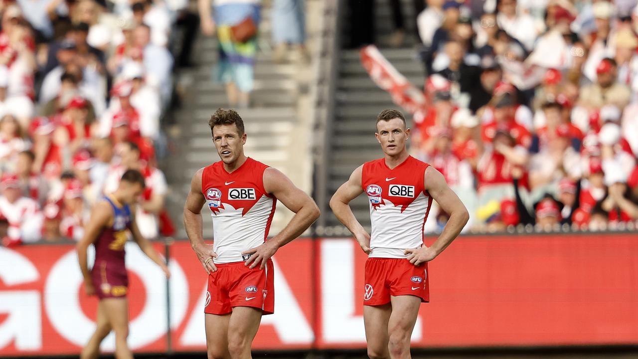 Dejected Sydney duo Luke Parker and Chad Warner after the 2024 Grand Final defeat. Picture: Phil Hillyard